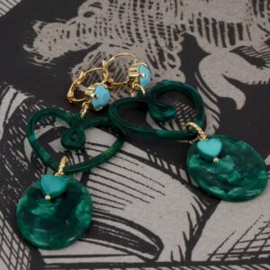 Green resin heart earrings & turquoise Swarovski setting